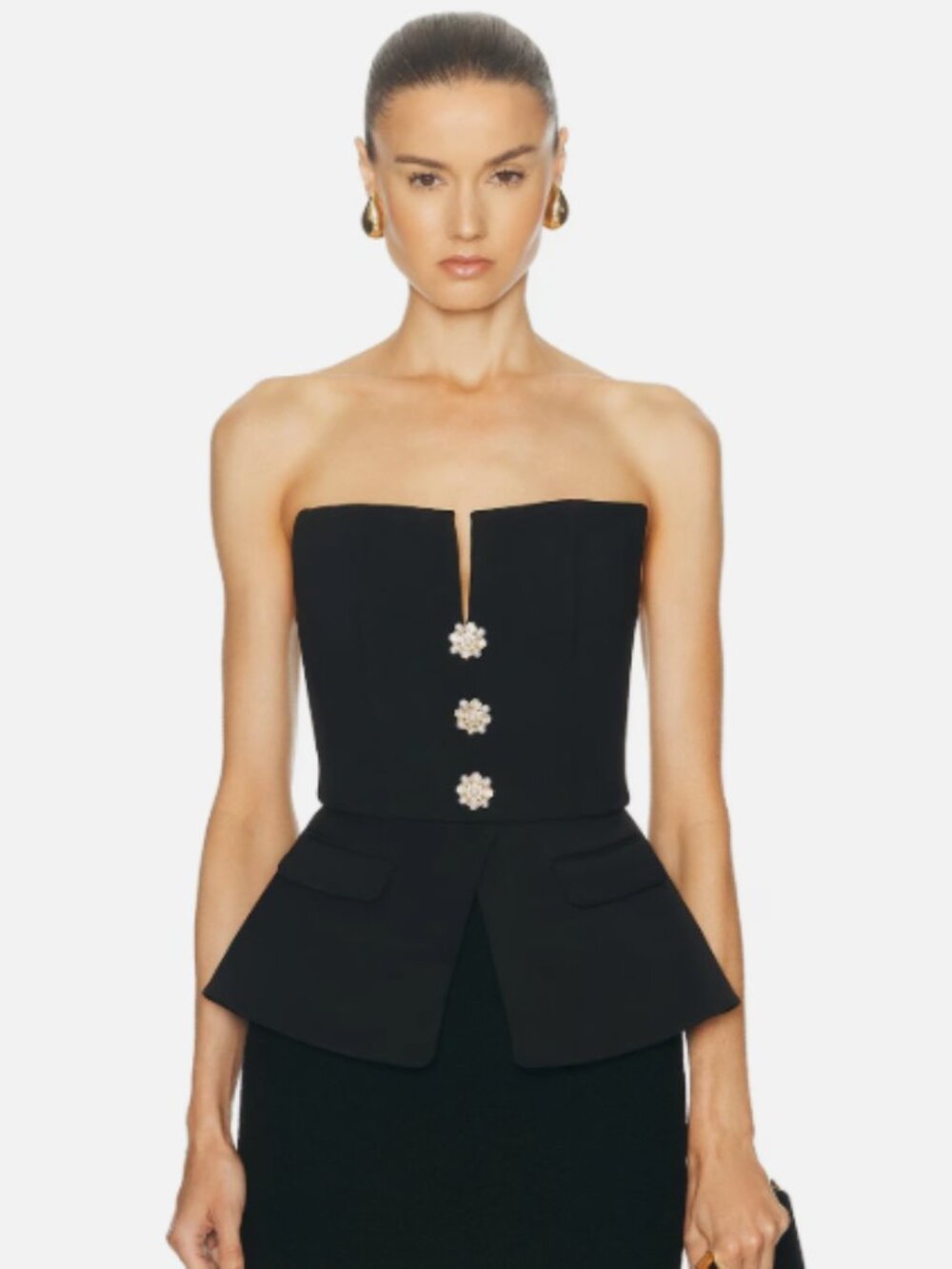Self-portrait black crepe bandeau top with gold & pearl buttons - size US 10